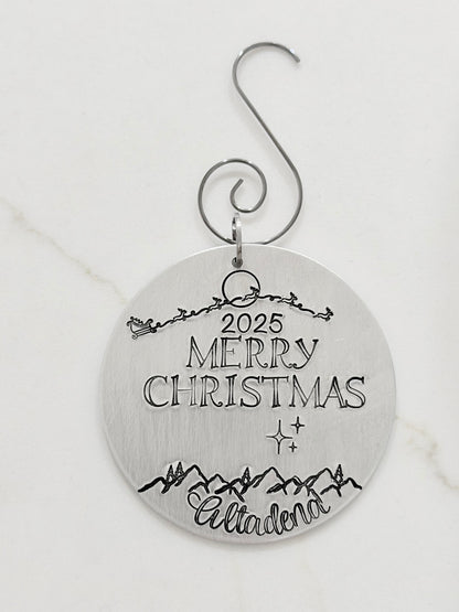 Hand Stamped Santa's Sleigh Altadena Christmas Ornament