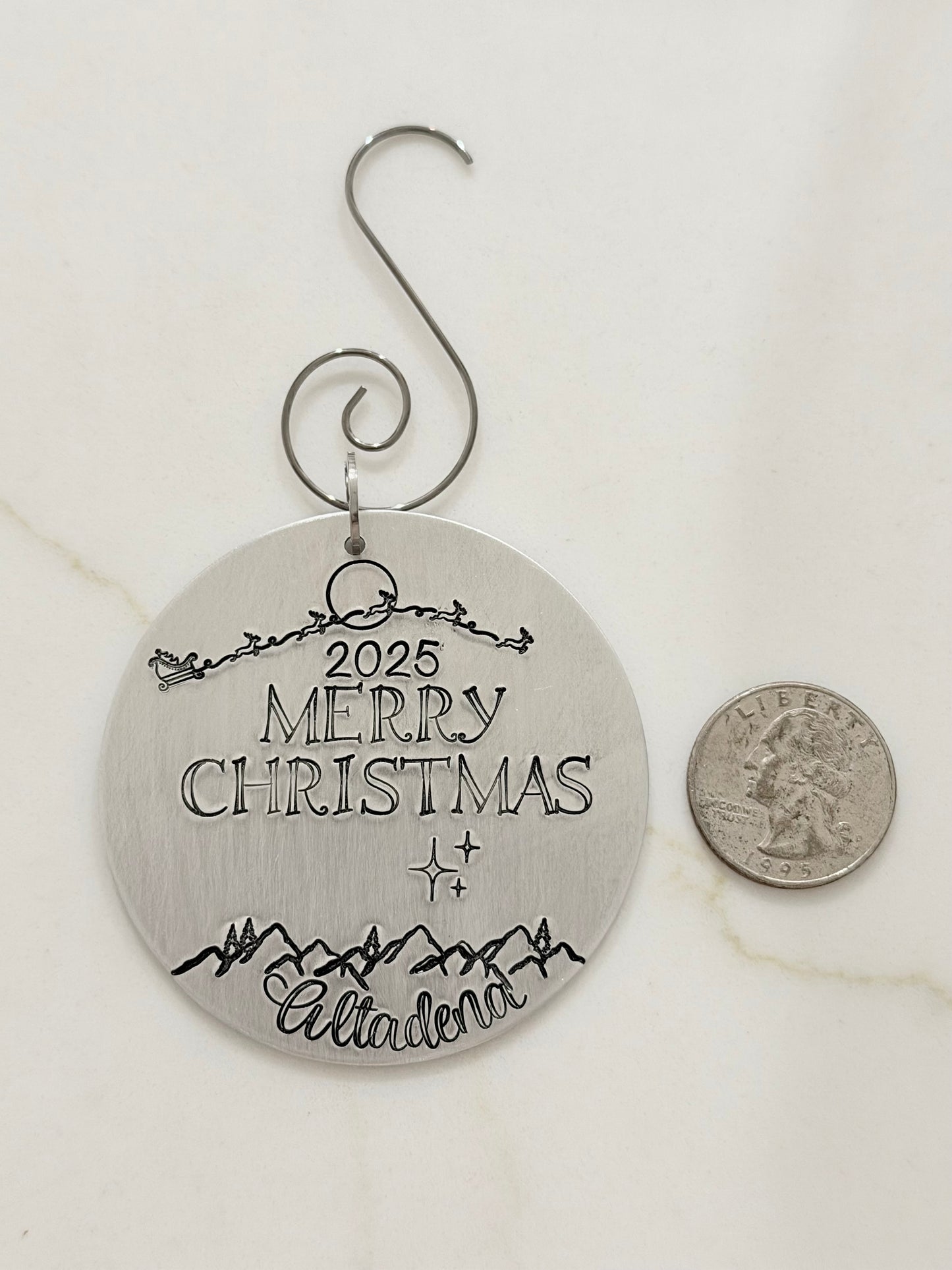 Hand Stamped Santa's Sleigh Altadena Christmas Ornament