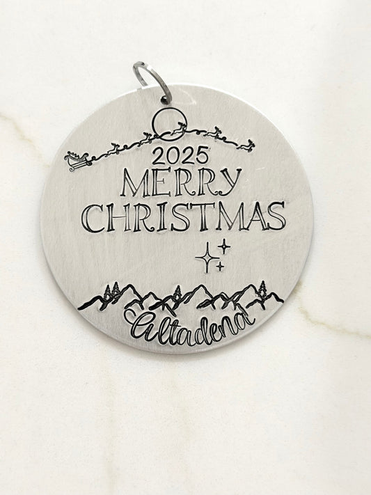 Hand Stamped Santa's Sleigh Altadena Christmas Ornament